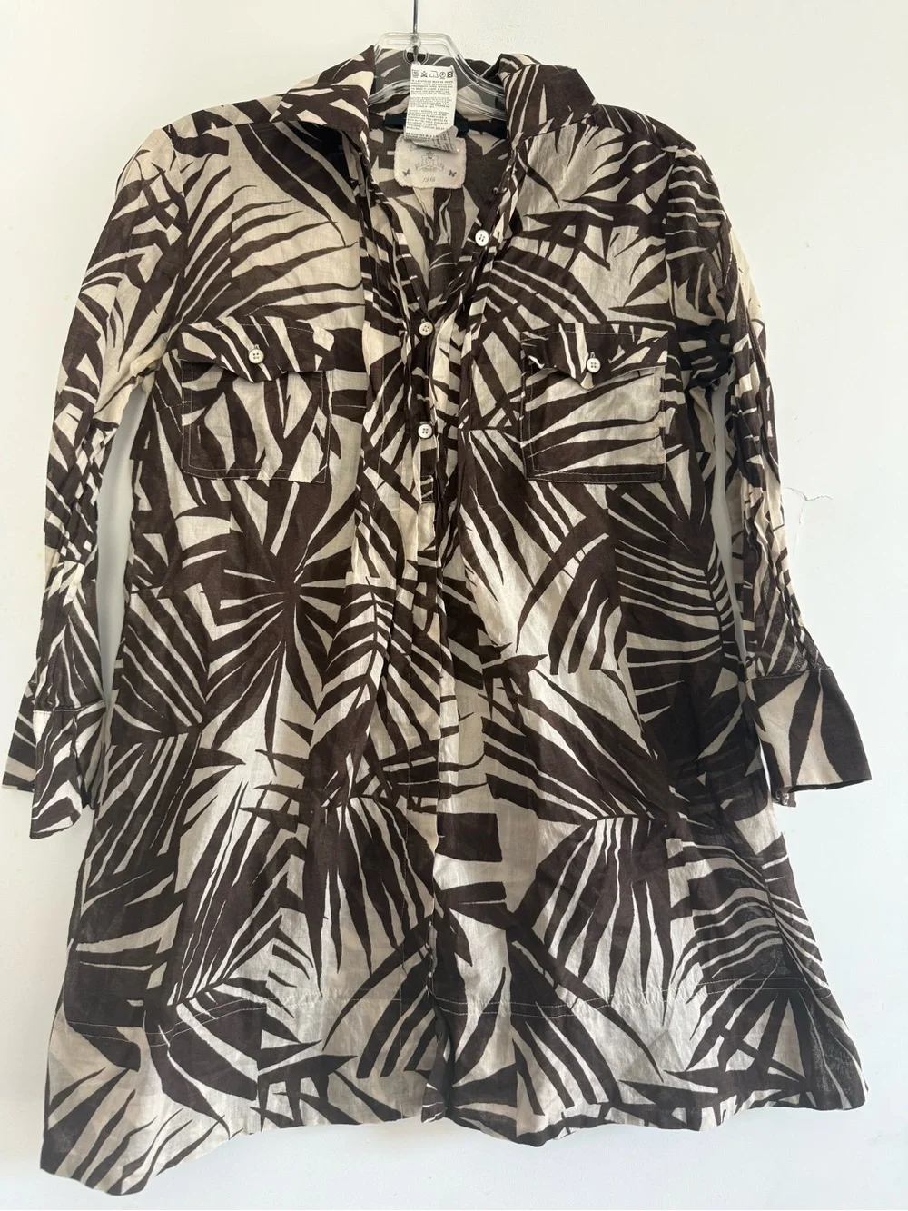Max Mara Weekend Palm Print Cotton Tunic Top Sheer Brown Cream  Flap Pocket Sz 4